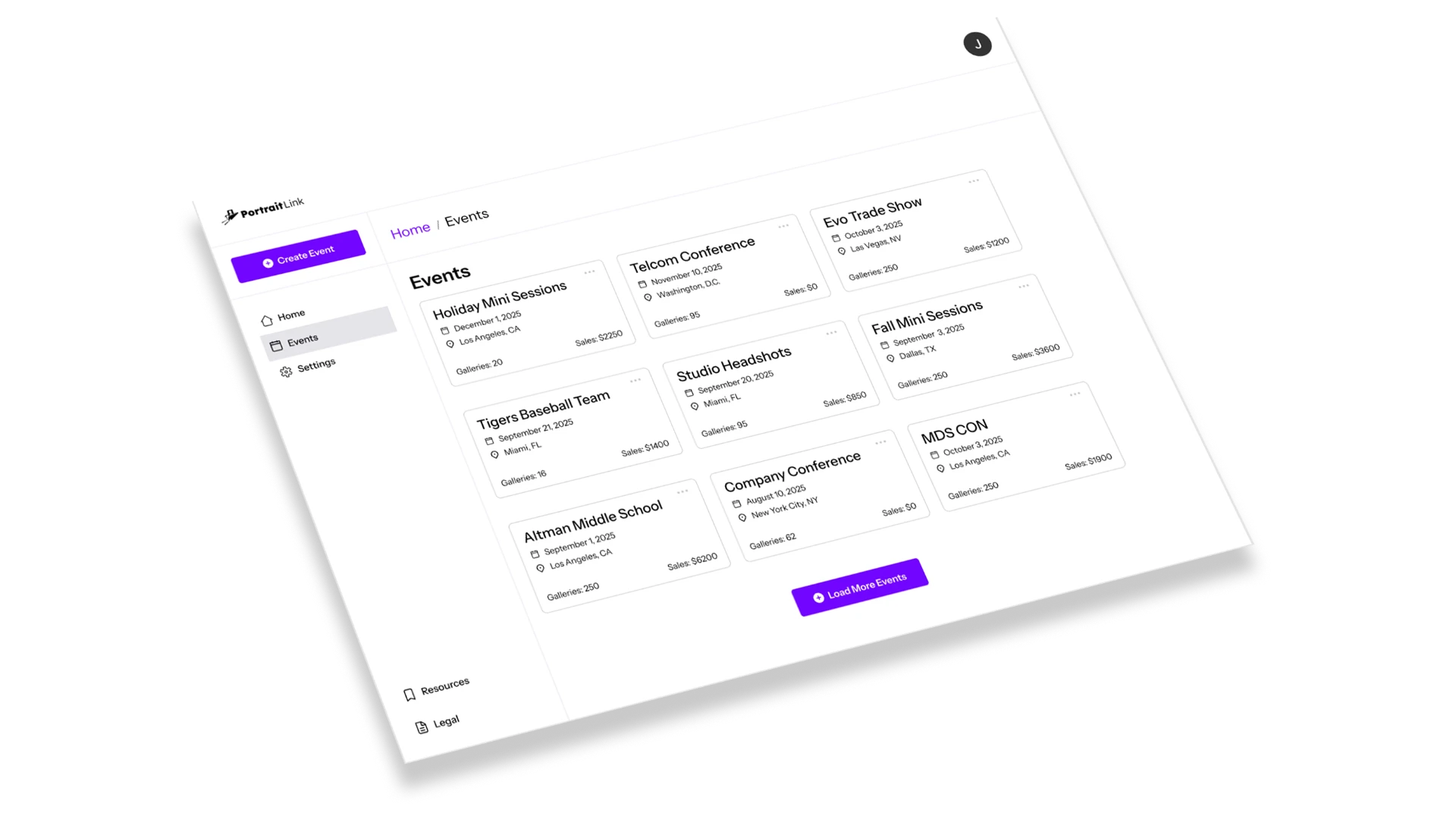 PortraitLink dashboard showing the event management interface