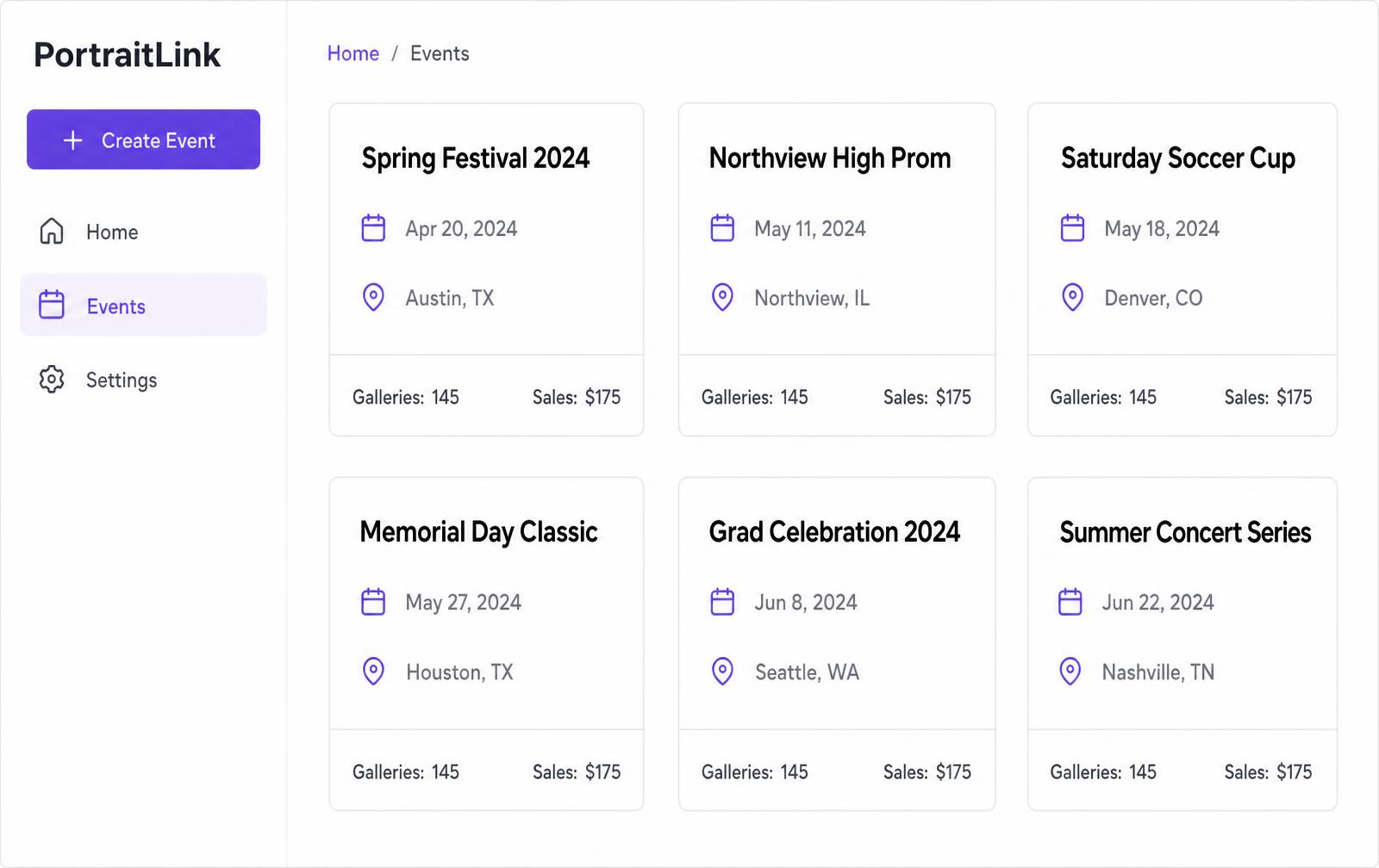 PortraitLink dashboard showing the event management interface